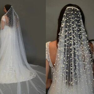 Bridal Veil With Pearls, Cathedral Length Beaded Pearl Veil